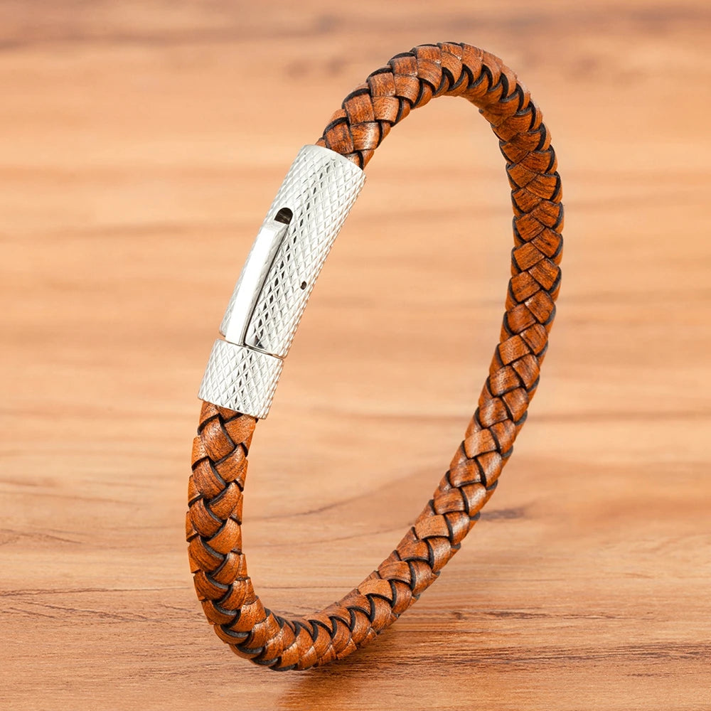 Combination Stainless Steel Men's Leather Bracelet