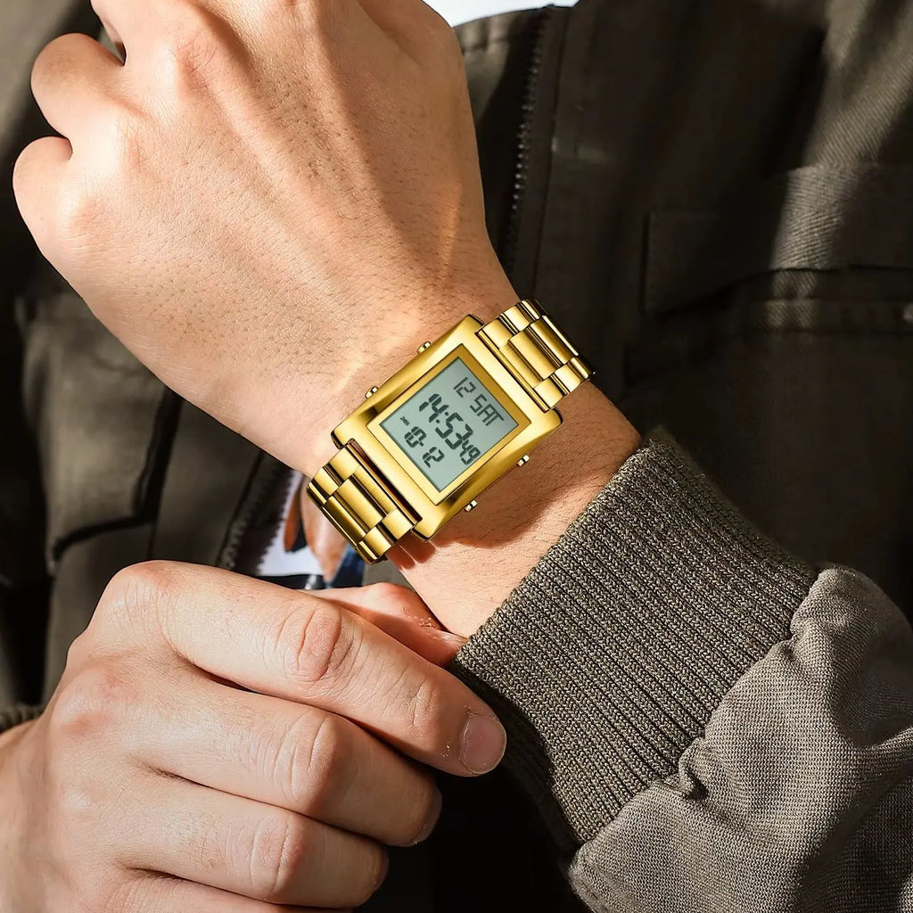 Original  Men Watch Waterproof Week Calendar Alarm Man Wristwatch Rectangle Stainless Steel Electronic Men's Watches