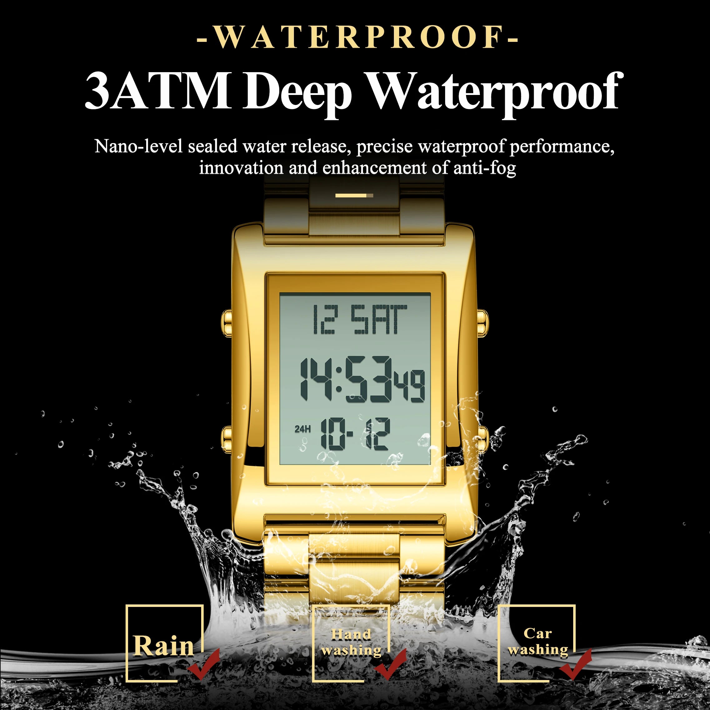 Original  Men Watch Waterproof Week Calendar Alarm Man Wristwatch Rectangle Stainless Steel Electronic Men's Watches