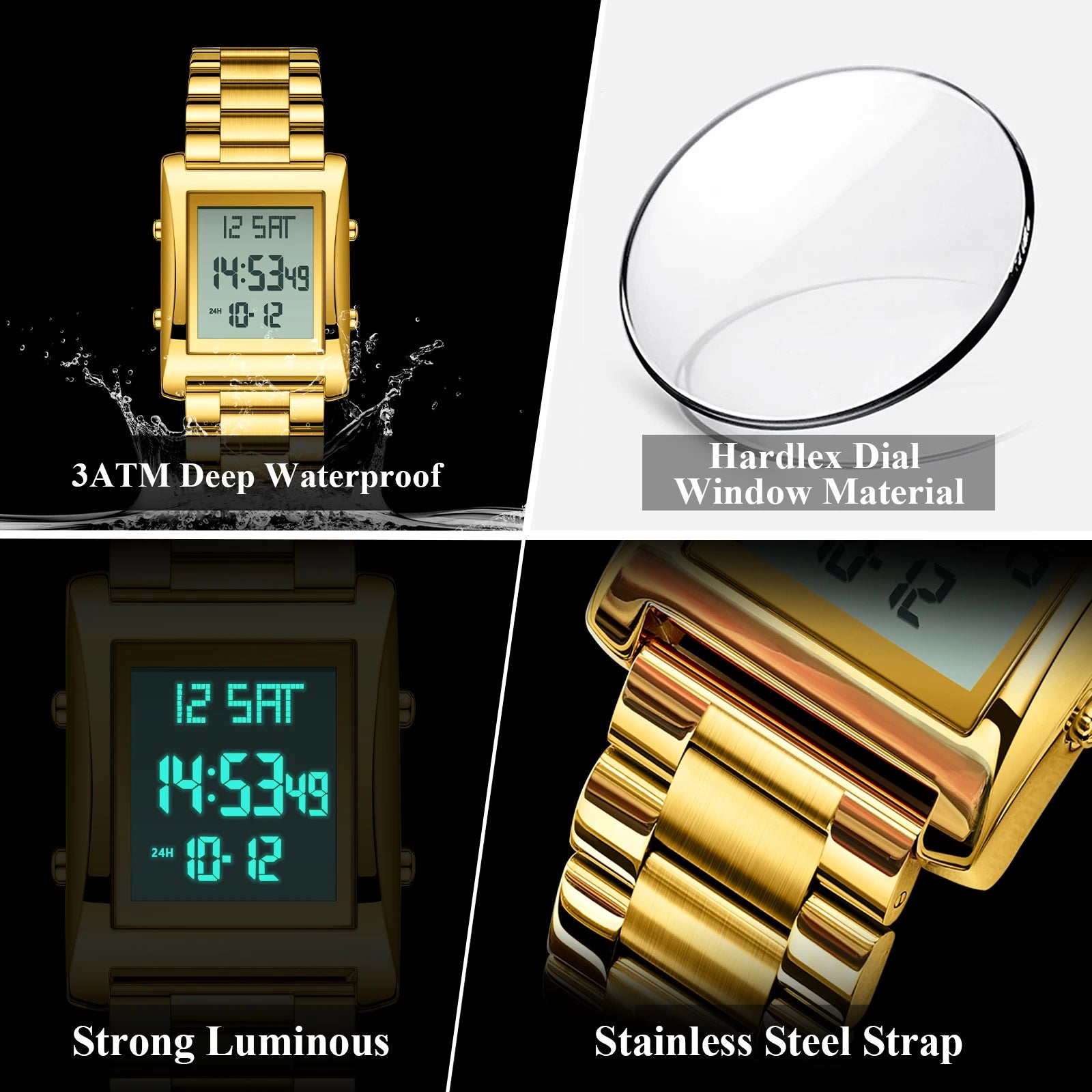Original  Men Watch Waterproof Week Calendar Alarm Man Wristwatch Rectangle Stainless Steel Electronic Men's Watches