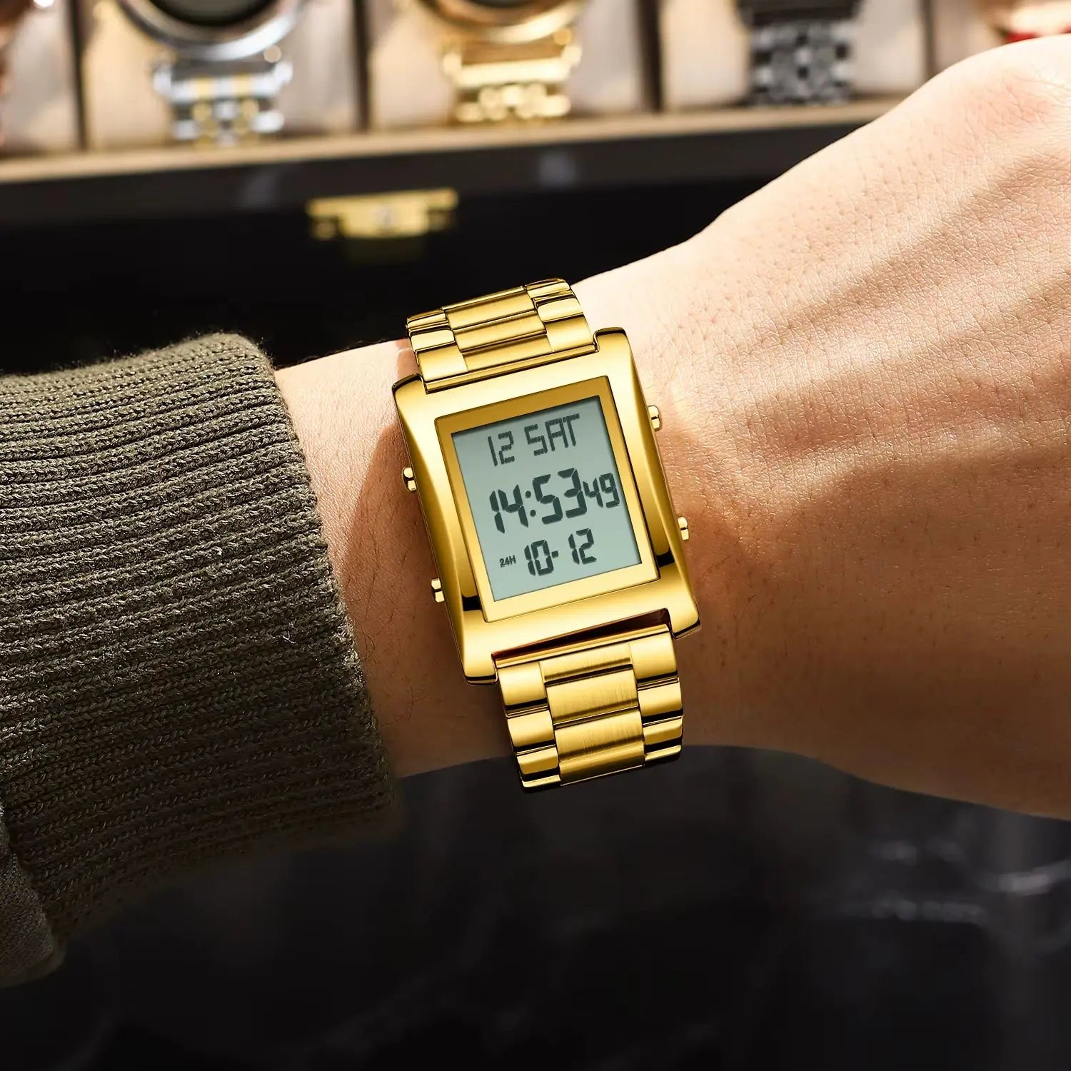 Original  Men Watch Waterproof Week Calendar Alarm Man Wristwatch Rectangle Stainless Steel Electronic Men's Watches