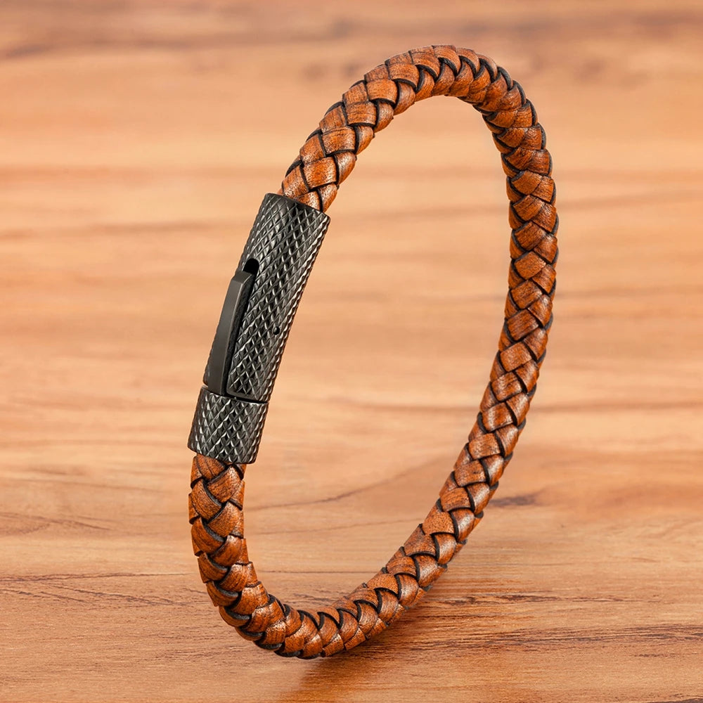 Combination Stainless Steel Men's Leather Bracelet