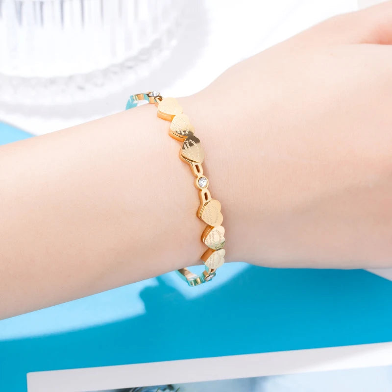 Beautiful Crystal And 6 Forever Love Small Peach Heart Bracelets & Bangle Stainless Steel Brand Jewelry Woman Bangle Wholesale