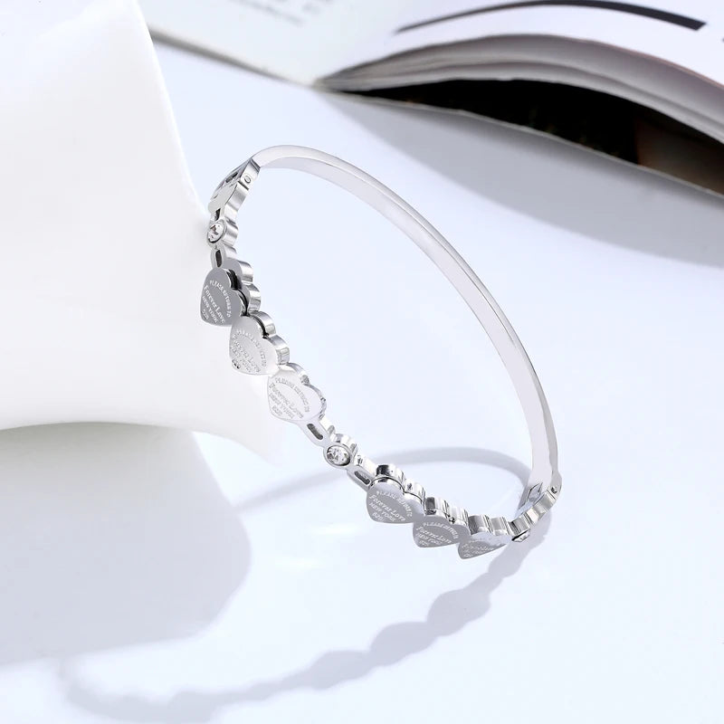Beautiful Crystal And 6 Forever Love Small Peach Heart Bracelets & Bangle Stainless Steel Brand Jewelry Woman Bangle Wholesale