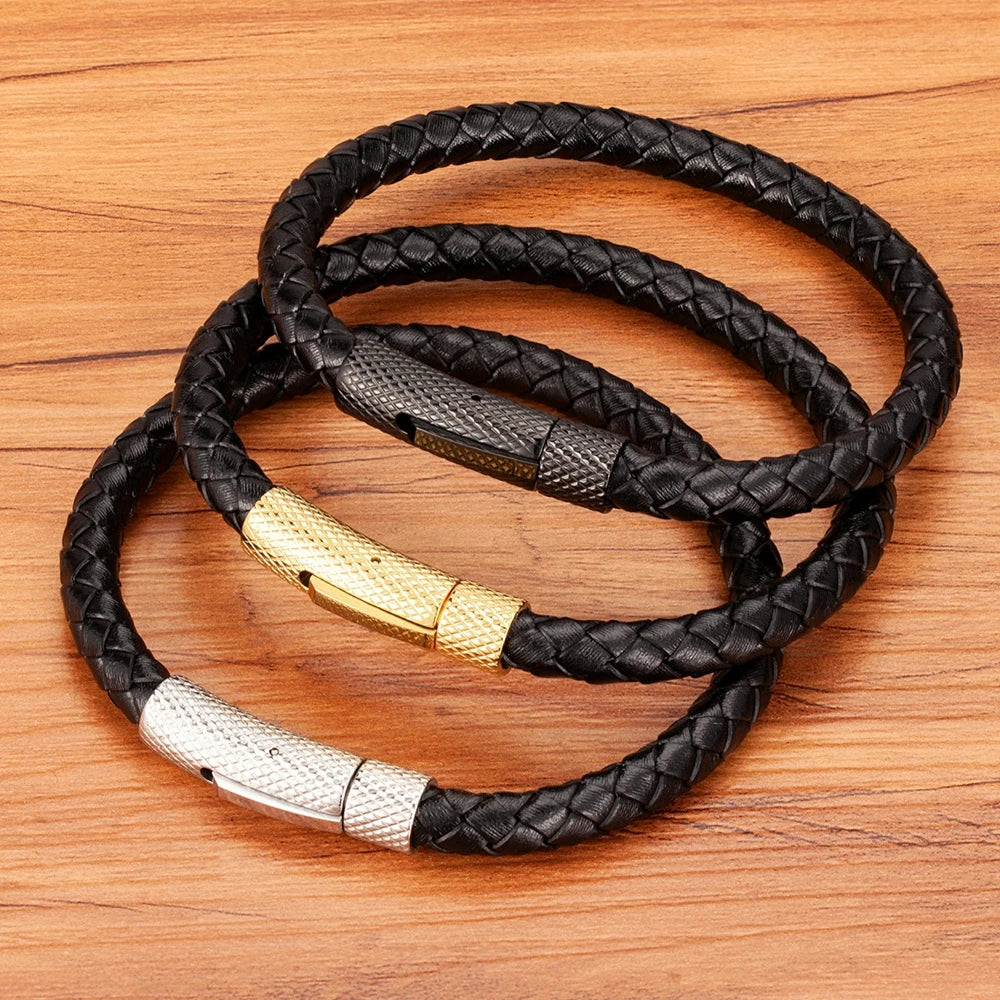 Combination Stainless Steel Men's Leather Bracelet