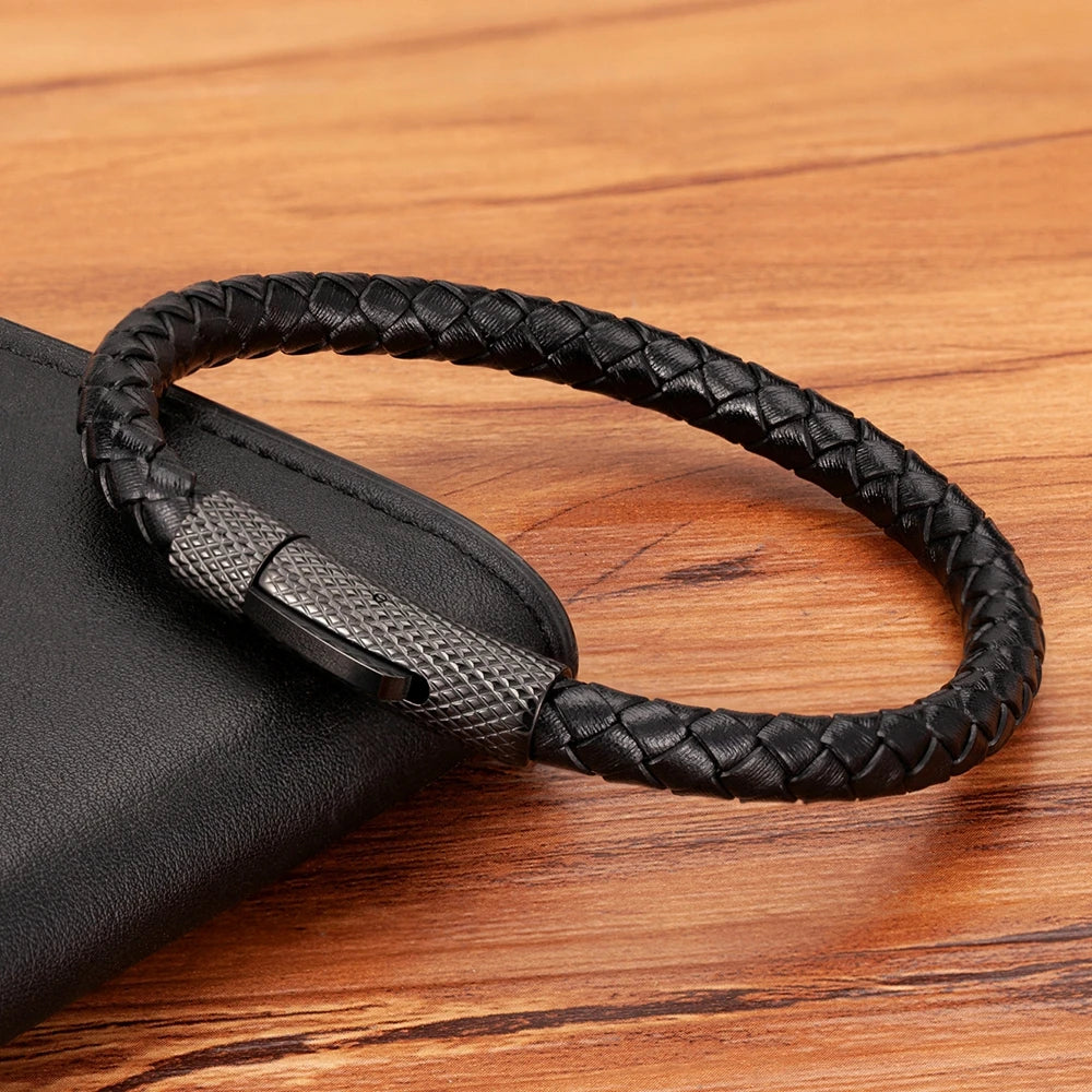 Combination Stainless Steel Men's Leather Bracelet