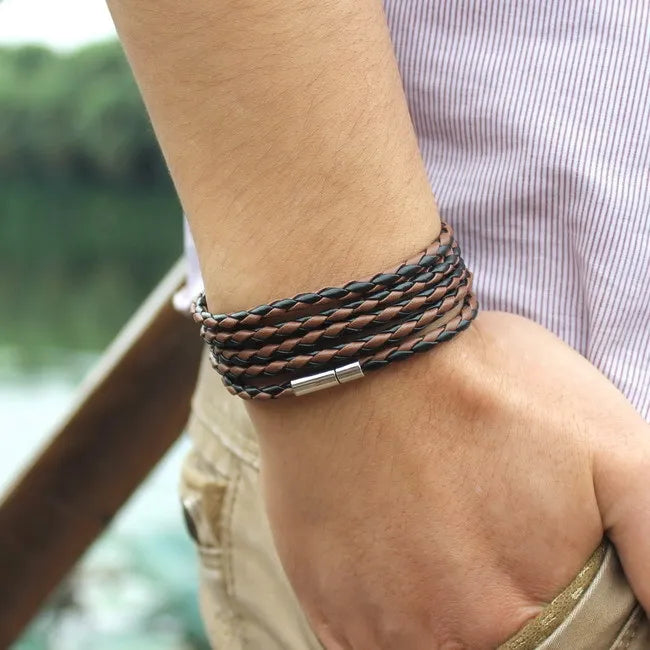Fashion 5 Layer Leather Bracelets & Charm Bangle Handmade Round