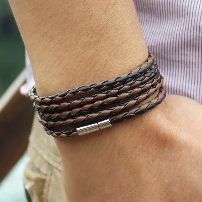 Fashion 5 Layer Leather Bracelets & Charm Bangle Handmade Round
