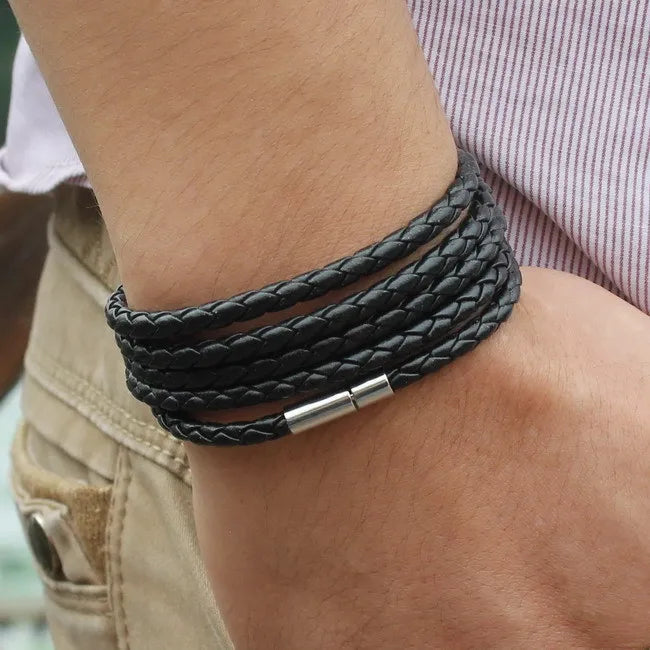 Fashion 5 Layer Leather Bracelets & Charm Bangle Handmade Round