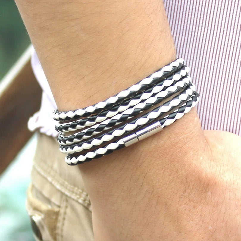 Fashion 5 Layer Leather Bracelets & Charm Bangle Handmade Round