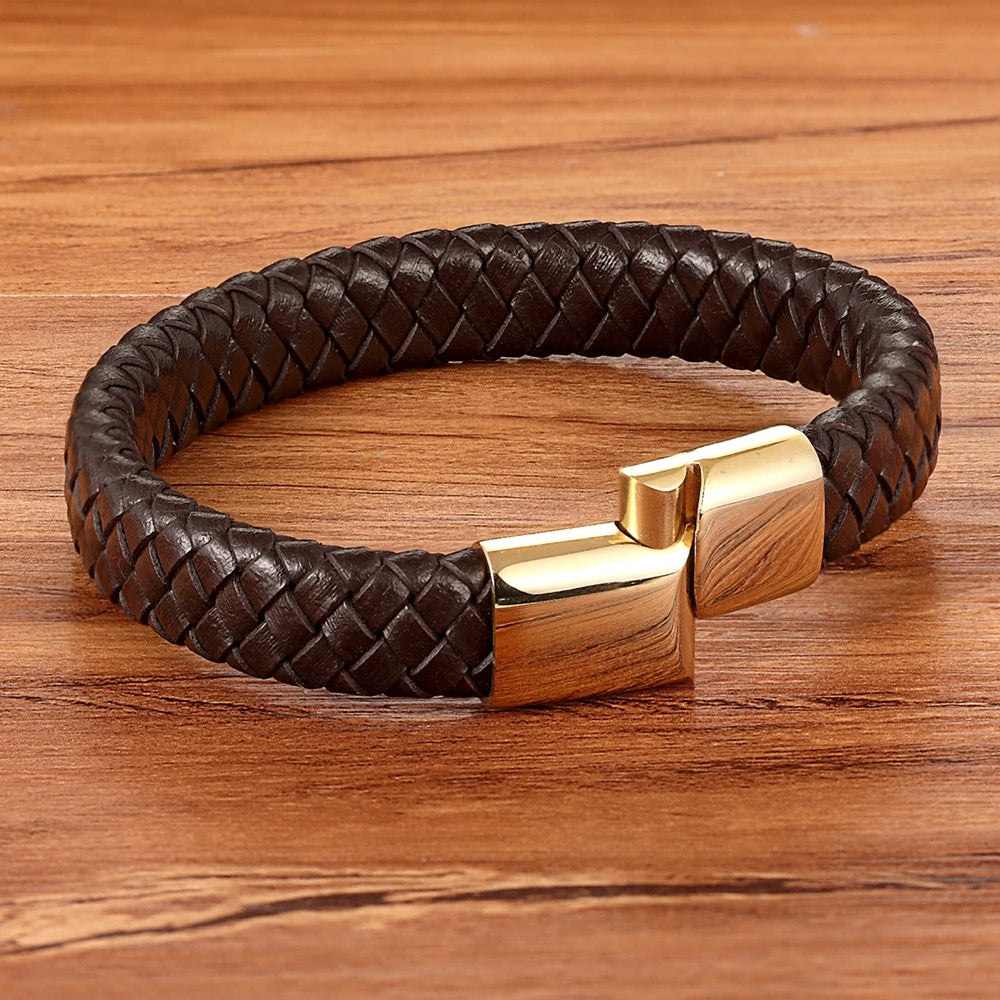 Classic Top quality Stainless Steel Gold Color Magnetic Clasp Brown Woven