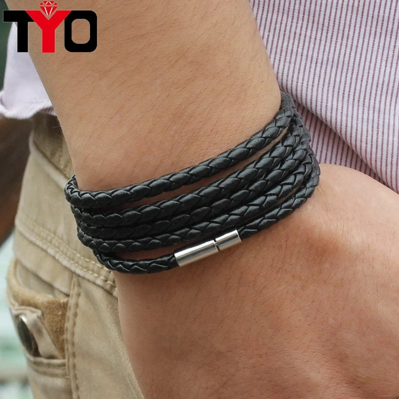 Fashion 5 Layer Leather Bracelets & Charm Bangle Handmade Round