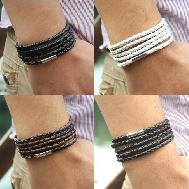 Fashion 5 Layer Leather Bracelets & Charm Bangle Handmade Round