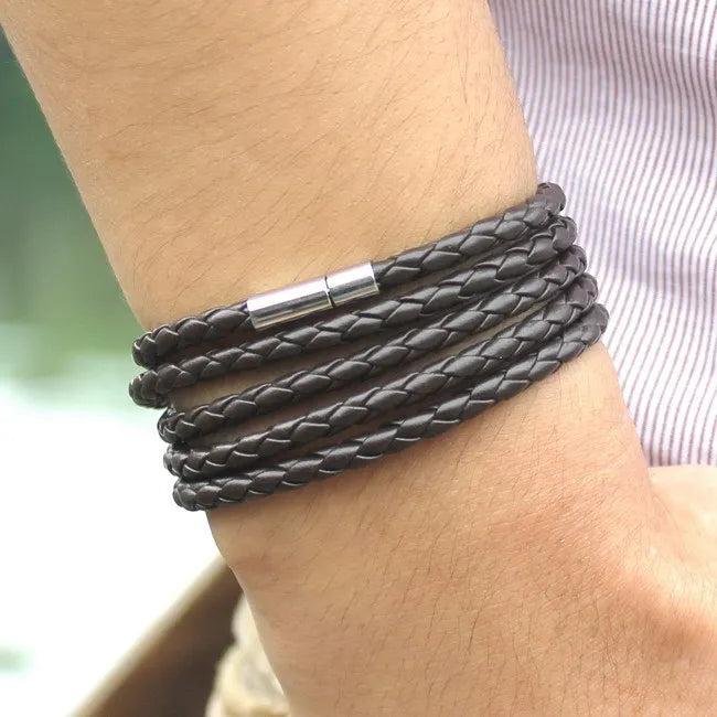 Fashion 5 Layer Leather Bracelets & Charm Bangle Handmade Round