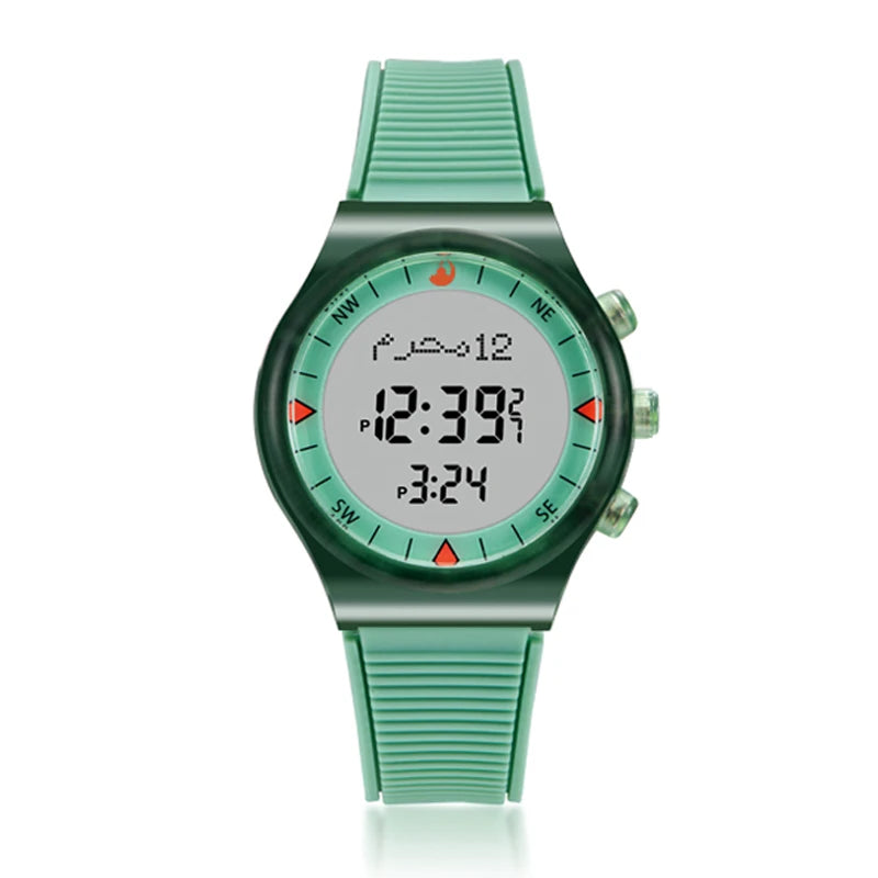 Muslim Azan Watch for Prayer with Qibla Compass Adhan Alarm Hijri Islamic Al Harameen Fajr Time Wristwatch Multi Languages