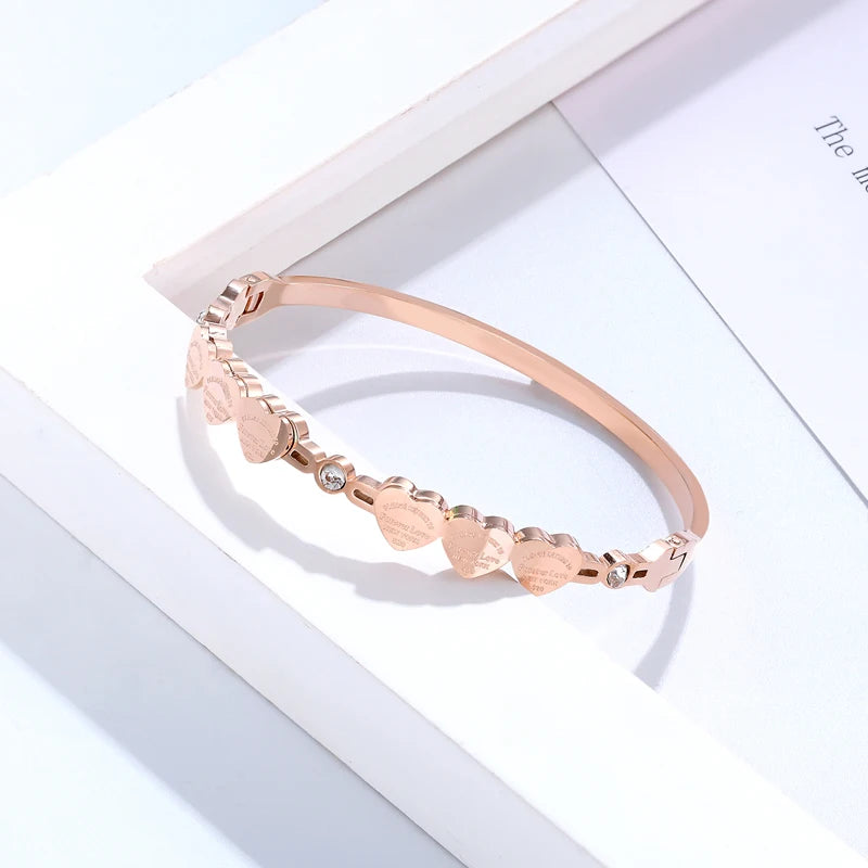 Beautiful Crystal And 6 Forever Love Small Peach Heart Bracelets & Bangle Stainless Steel Brand Jewelry Woman Bangle Wholesale