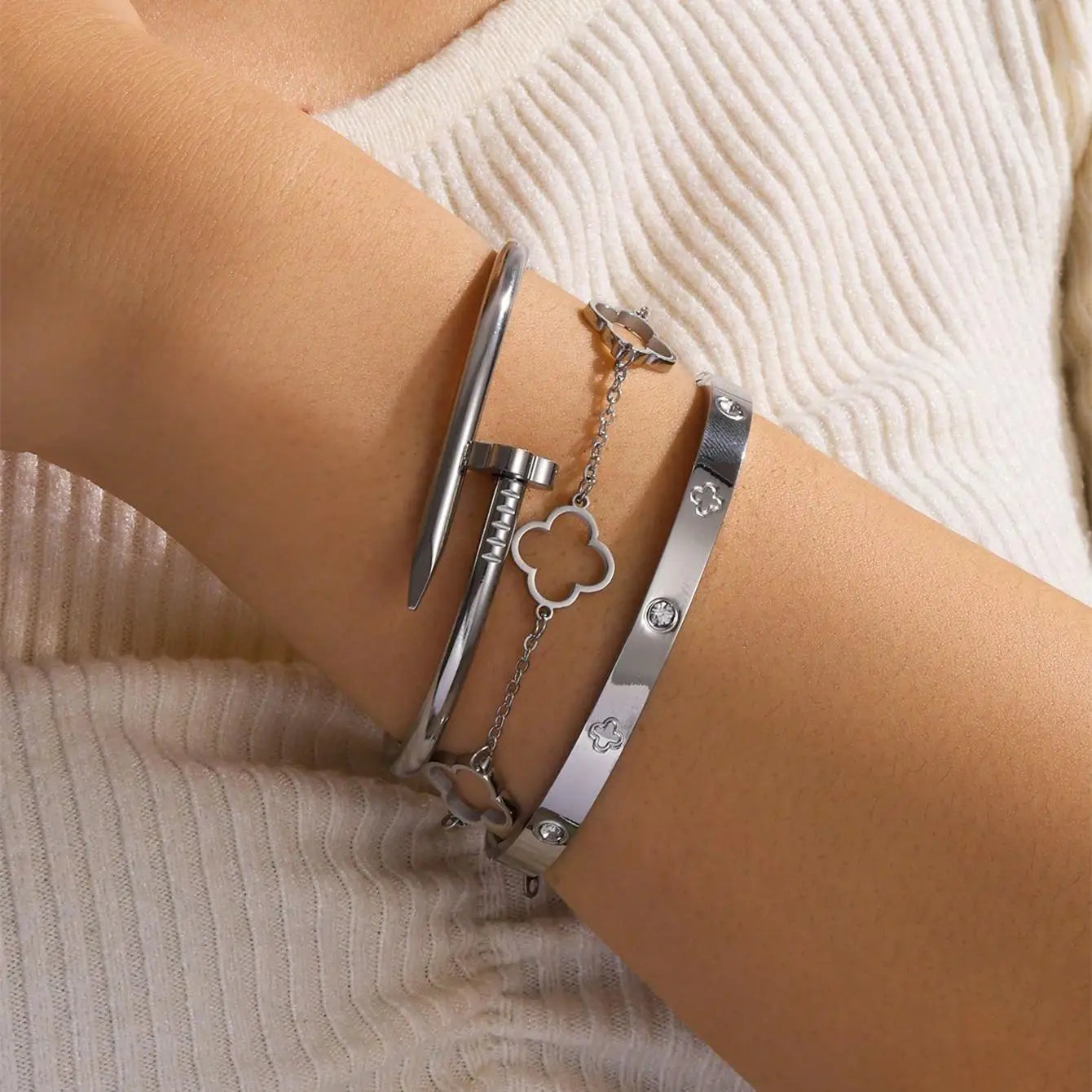 NEW French Lucky Clover Women's Bracelet Set High Quality Stainless Steel INS Hot Selling Bracelet Charm Jewelry Gift 2PCS