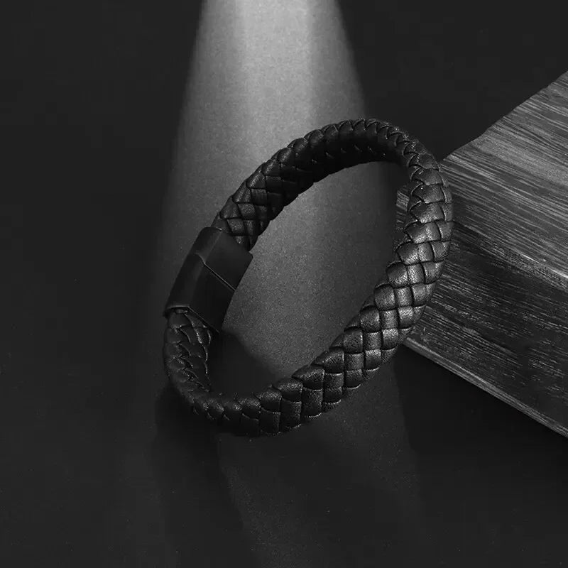 Classic Single Layer Black Hand Woven Leather Bracelet with Metal Magnetic Clasp Men