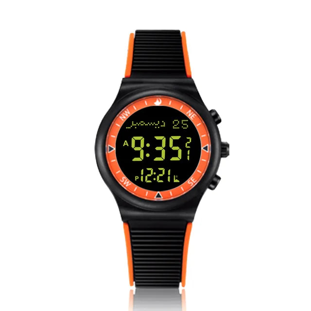 Muslim Azan Watch for Prayer with Qibla Compass Adhan Alarm Hijri Islamic Al Harameen Fajr Time Wristwatch Multi Languages