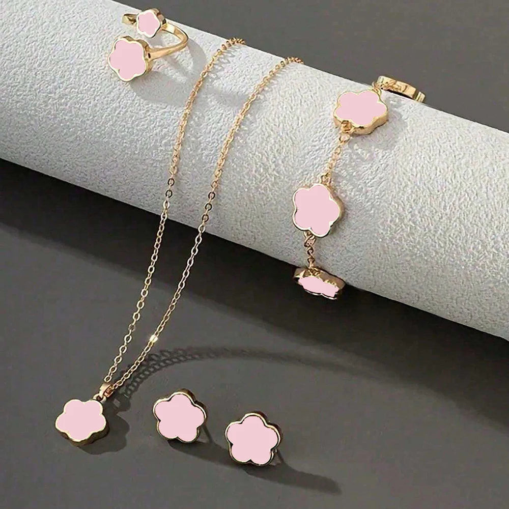 Lucky Five-petal Flower Five-leaf Clover Bracelet Earrings Necklace Three-piece set