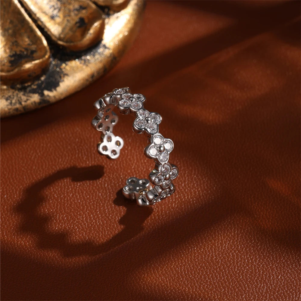 new design fashion jewelry gold plated flower zircon open ring elegant women's