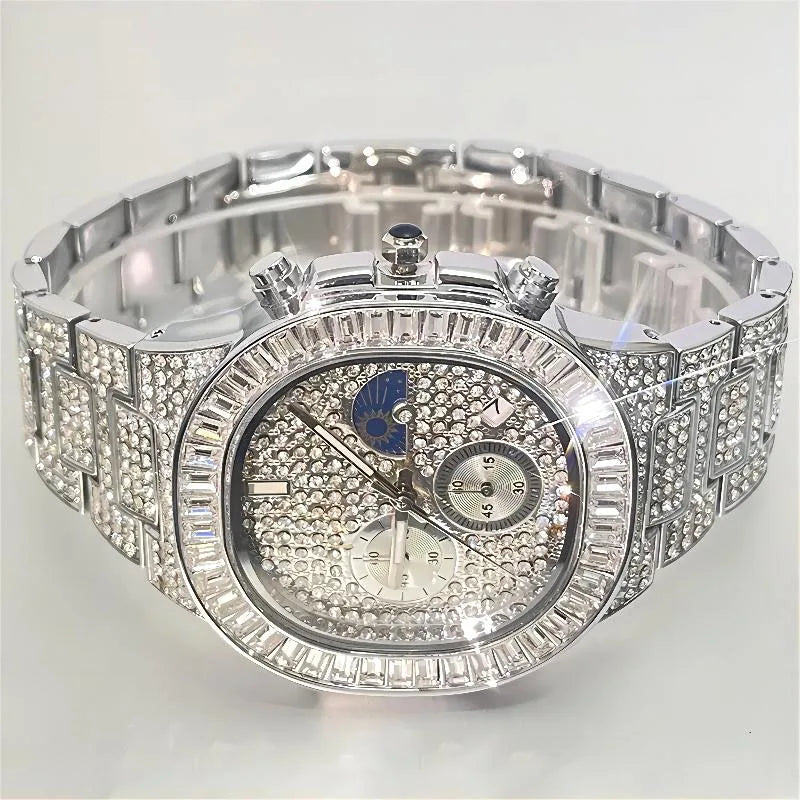 Luxury Quartz Mens Watches Fashion Square Diamond Stainless Steel Wristwatches