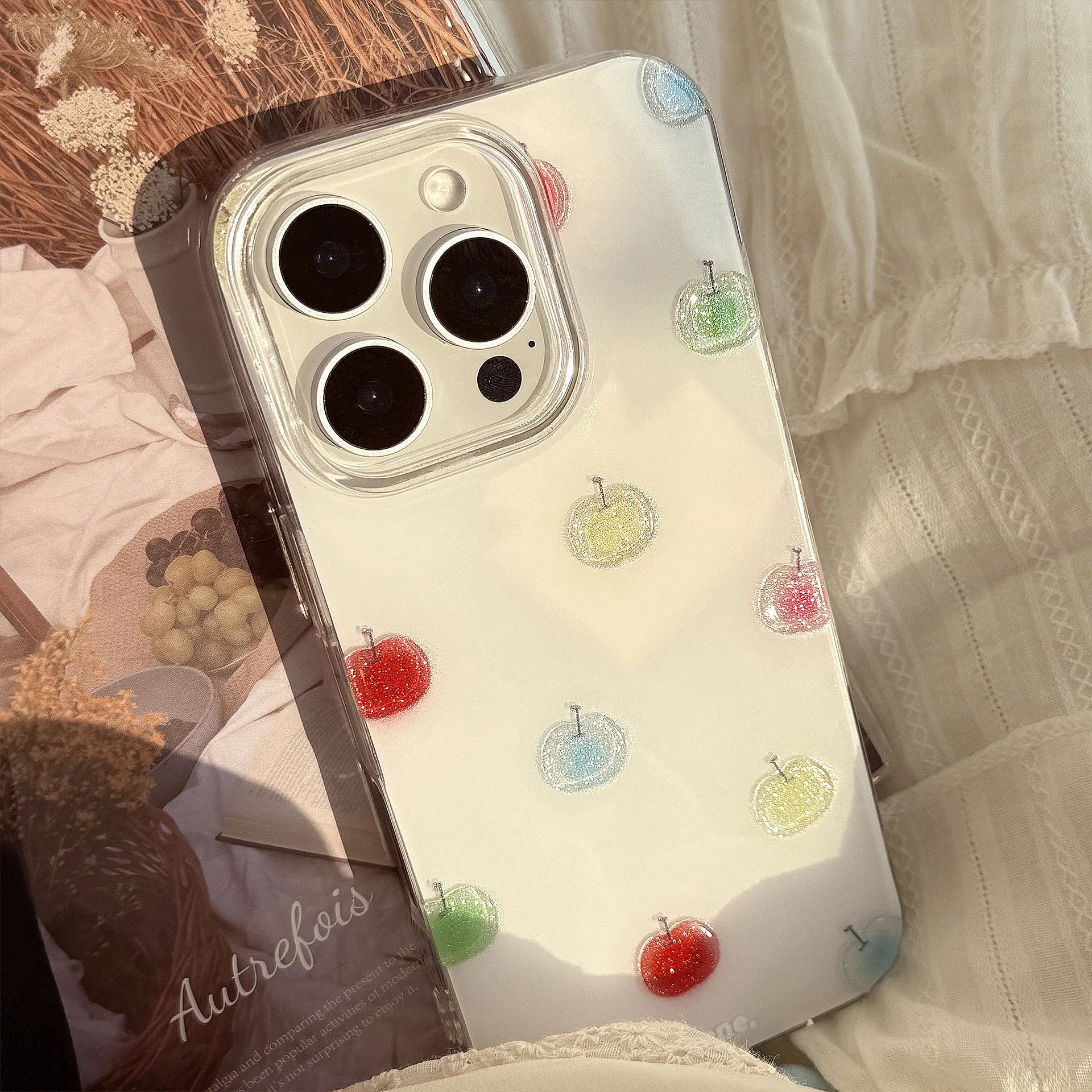 Colorful Apple Glitter Phone Case Pendant for iPhone 16 15 14 13 12mini 11 Pro Max XS XR X 7 8 Plus Shockproof Hard Cover