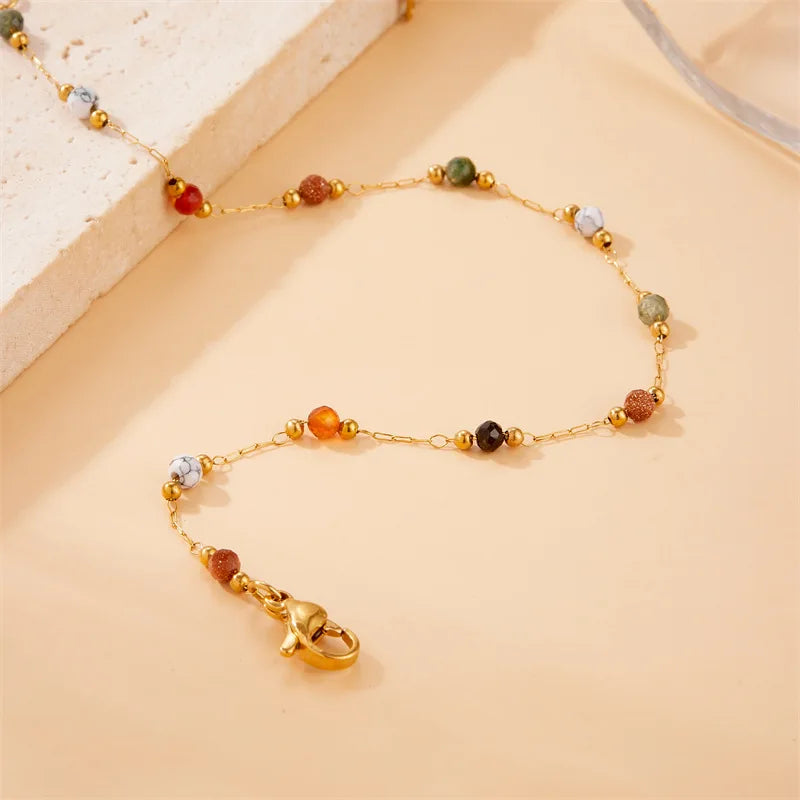 Yupsk 316L Stainless Steel Colorful Beads Chain Bracelet Necklace for Women Girls Retro Stylish Thin Bracelet Jewelry Gift