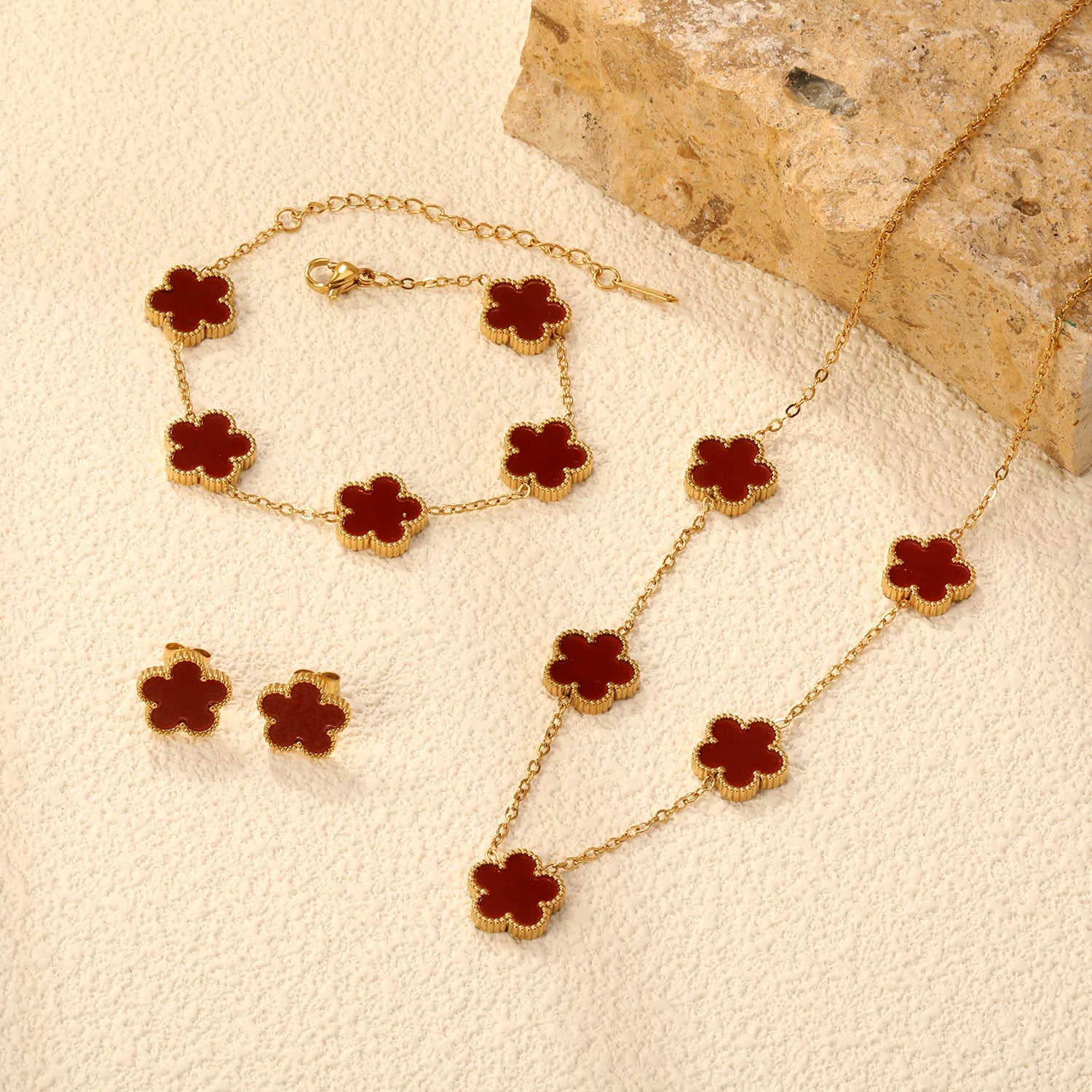 Flower Necklace Earrings Set Jewelry Women Stainless Steel White Shell Clover Bracelet Jewelry Accessories