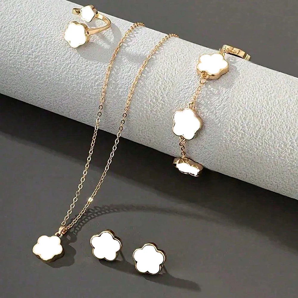 Lucky Five-petal Flower Five-leaf Clover Bracelet Earrings Necklace Three-piece set