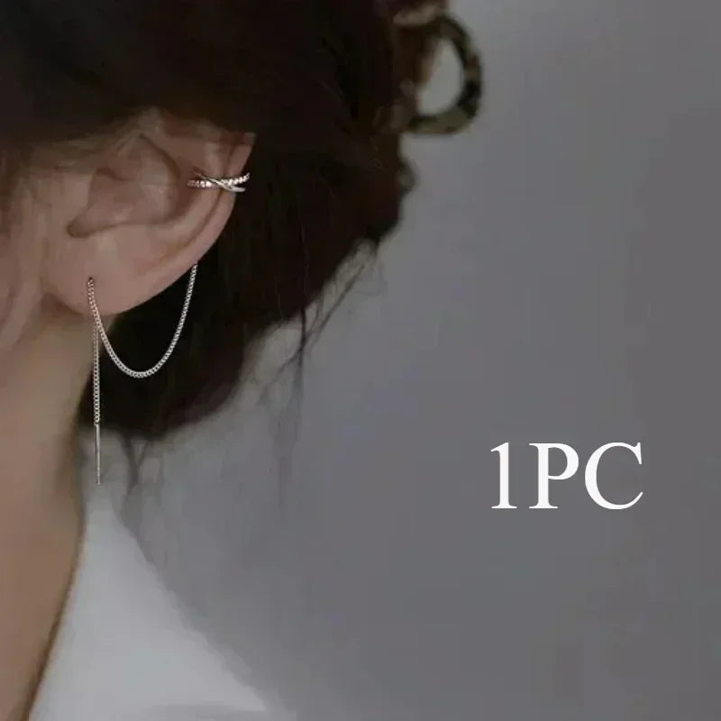1PC Silver Color Crystal Tassel Cuff Ear Clip Earring for Women
