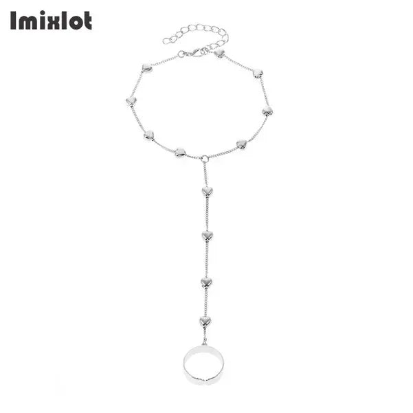 Simple Heart Pendant Chain Bracelet Link Connected Gold Plated Wide Finger Ring Bracelets for Women Link Hand Harness Jewelry