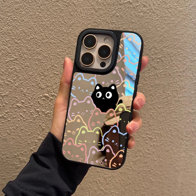 Case for iPhone 11 12 13 14 15 16 Pro Max Plus Series Colorful hollow cat pattern transparent mirror phone case