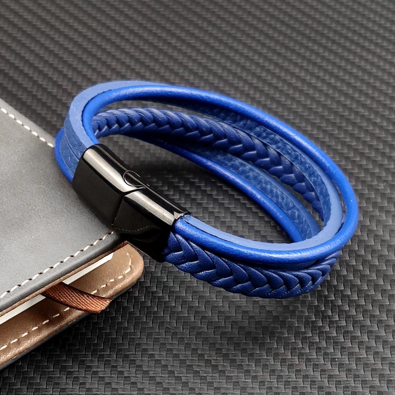 New Titanium Steel Blue Punk Braided Leather Bracelet