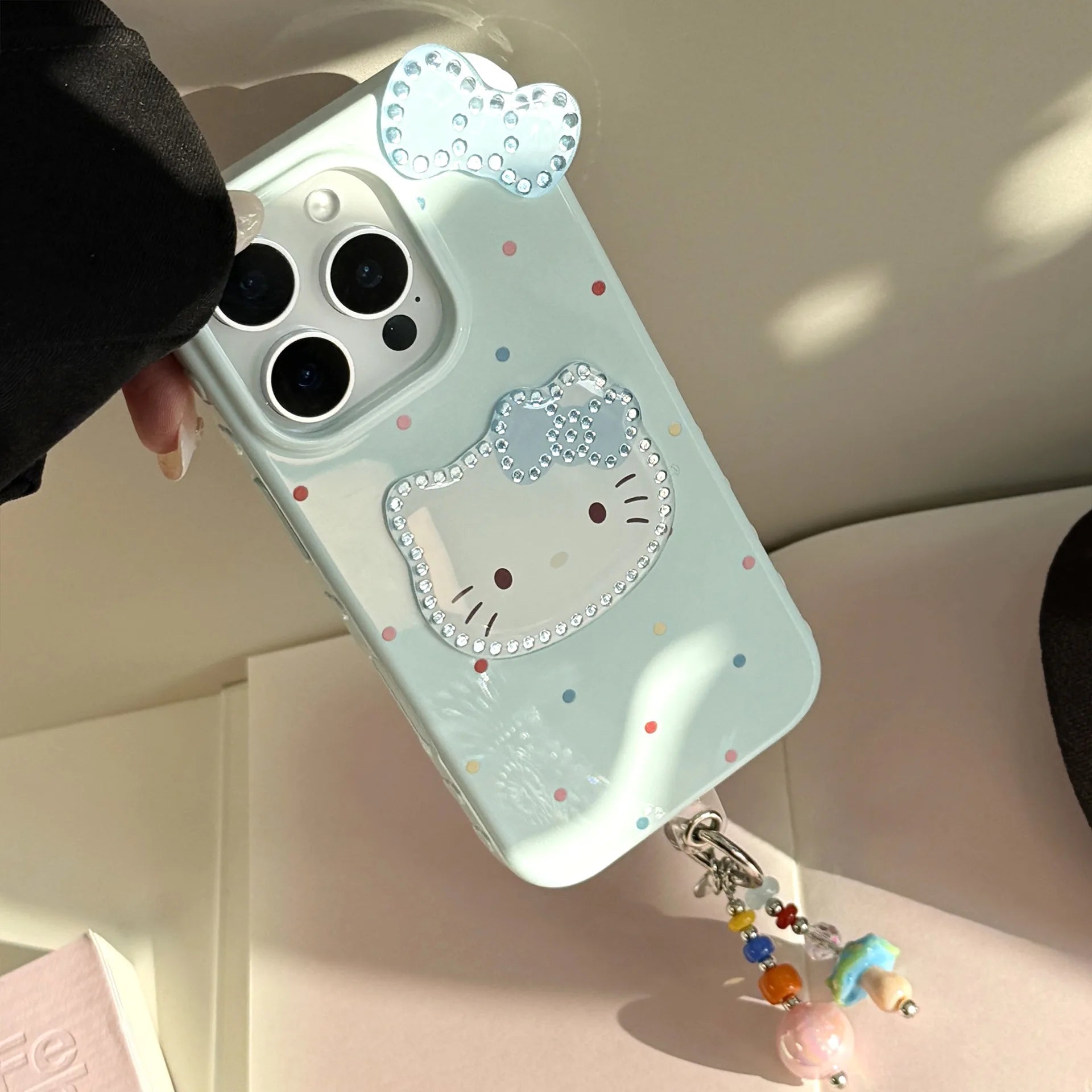 Korean Colorful Wave Point 3D Bowknot Hello Kitty Phone Case For iPhone 16 15 14 13 12 Pro Max With Wrist Strap Shockproof Cover