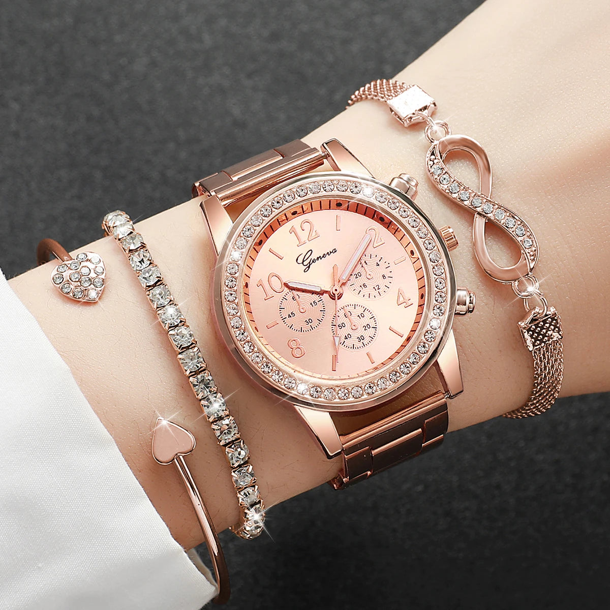4PCS/Set Fashion Rhinestone Women Watches Luxury Steel Band Ladies Quartz Watch Bracelets Set
