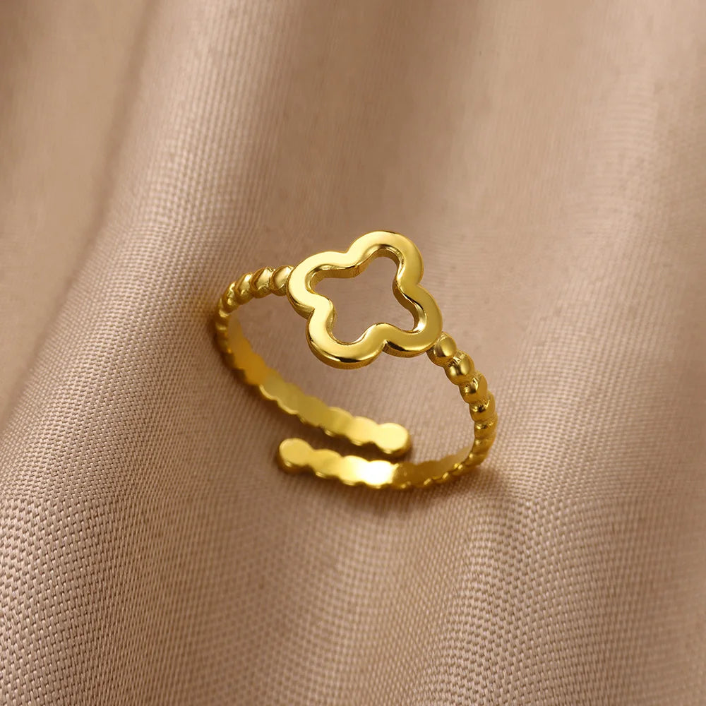Minimalist Four Leaf Clover Stainless Steel Open Rings