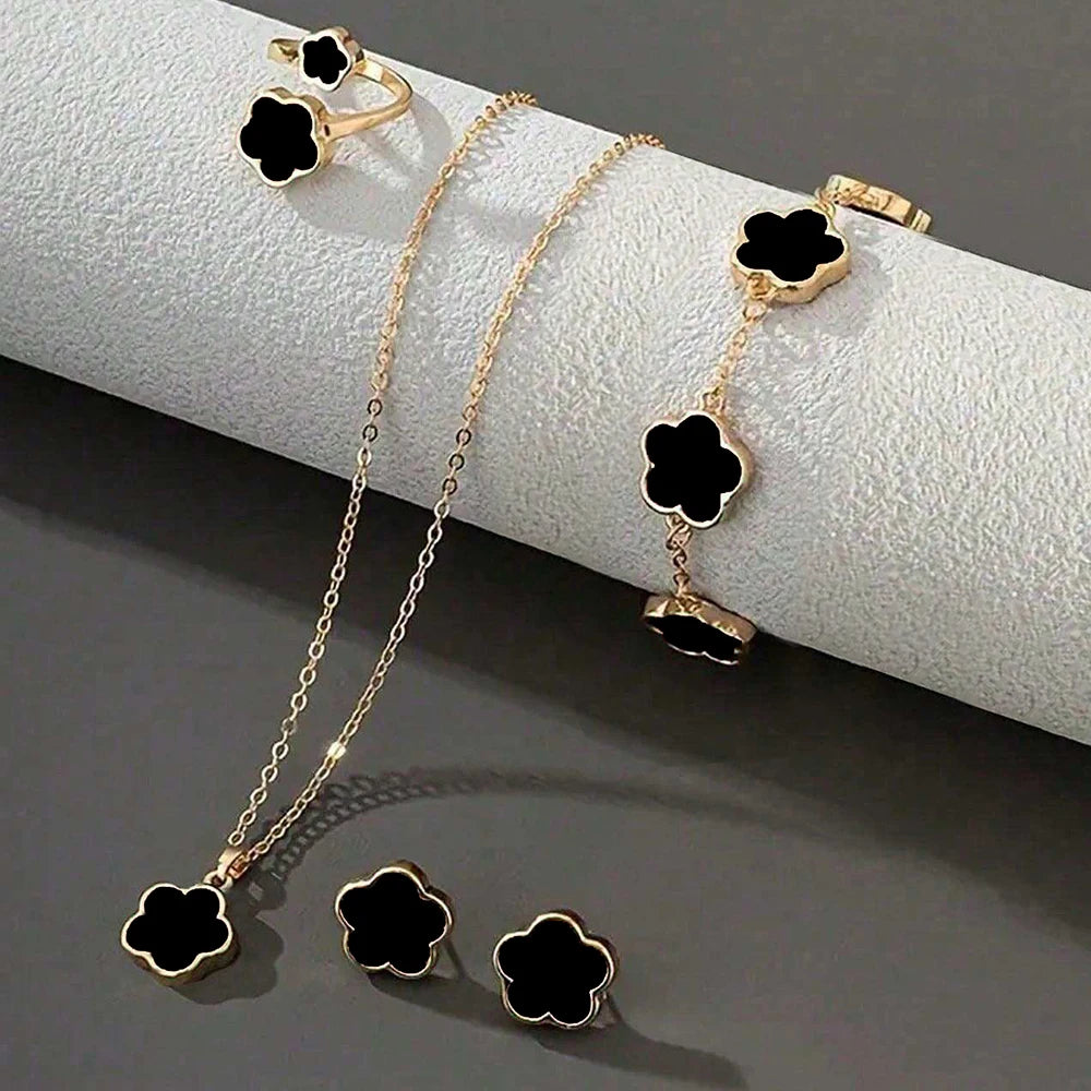 Lucky Five-petal Flower Five-leaf Clover Bracelet Earrings Necklace Three-piece set
