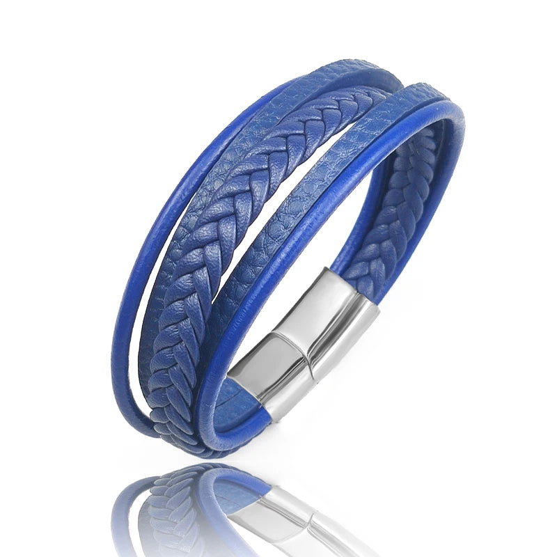 New Titanium Steel Blue Punk Braided Leather Bracelet
