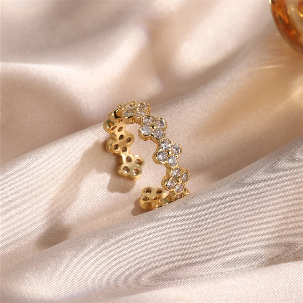 new design fashion jewelry gold plated flower zircon open ring elegant women's