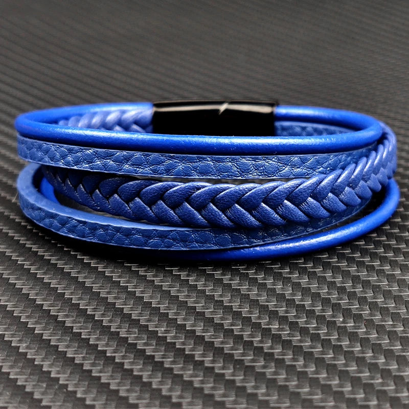 New Titanium Steel Blue Punk Braided Leather Bracelet