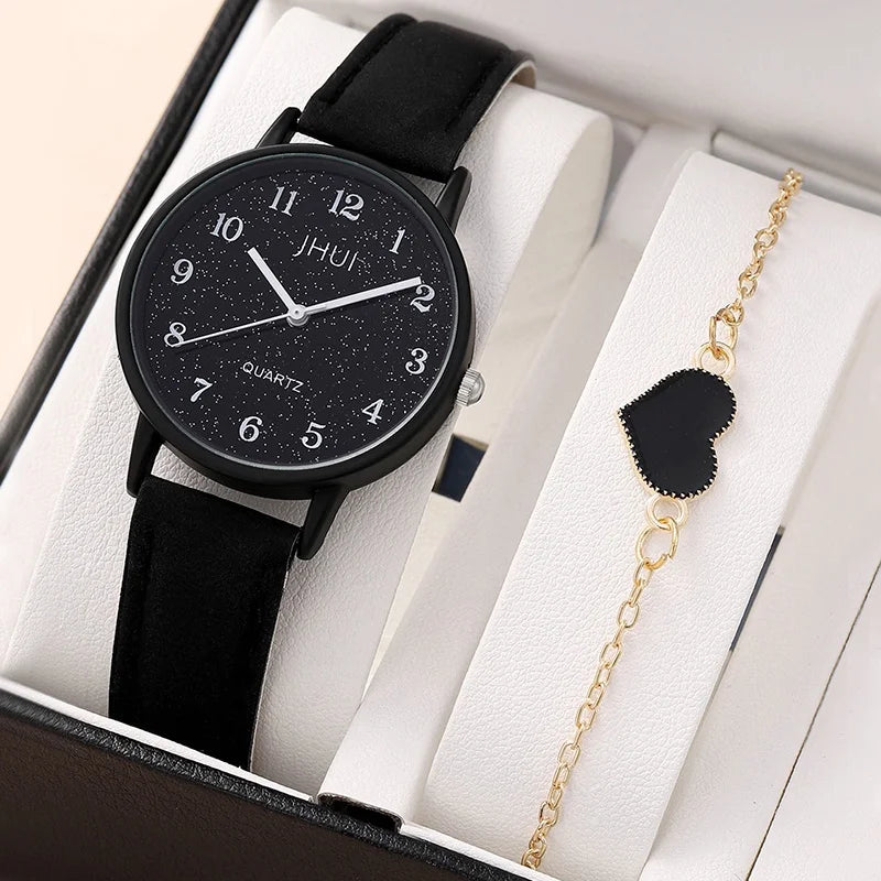 2PCS Fashion Starry Sky Women's Quartz Watch Leather Band Analog