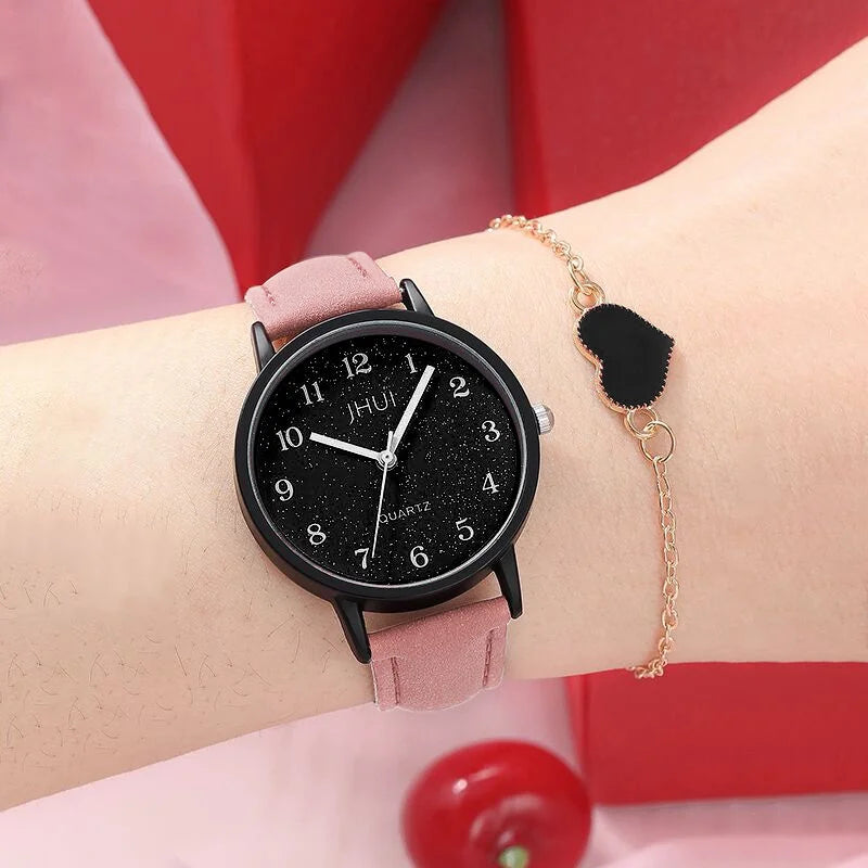 2PCS Fashion Starry Sky Women's Quartz Watch Leather Band Analog