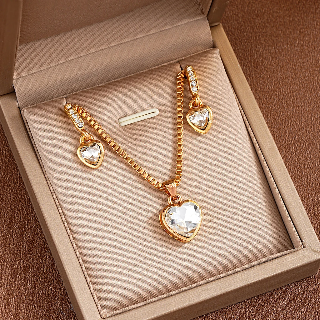 3 Pcs Heart Pendant Jewelry Set Of Earring Pendant Necklace For Women