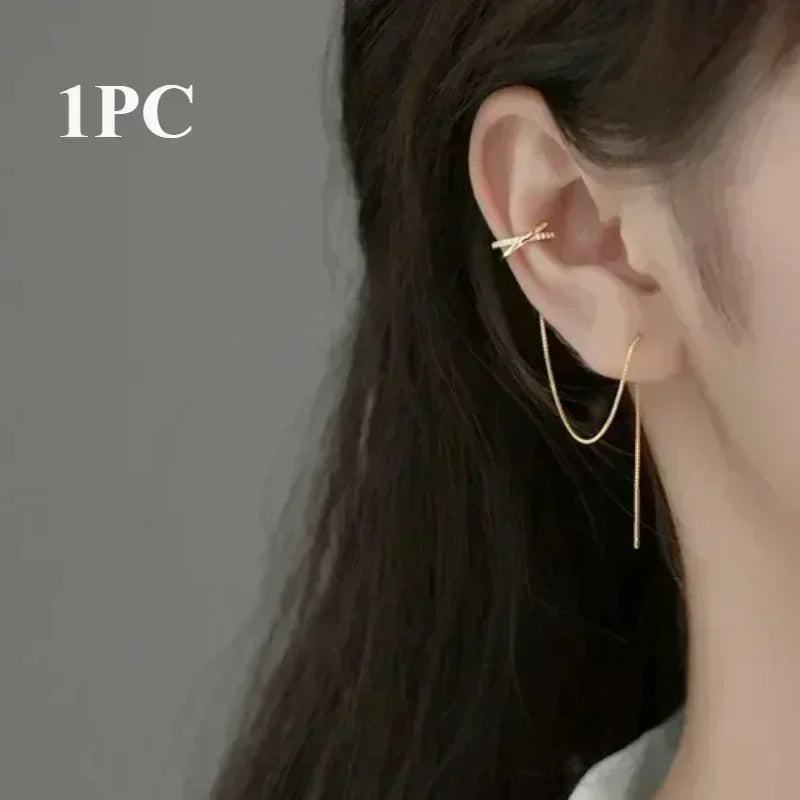 1PC Silver Color Crystal Tassel Cuff Ear Clip Earring for Women
