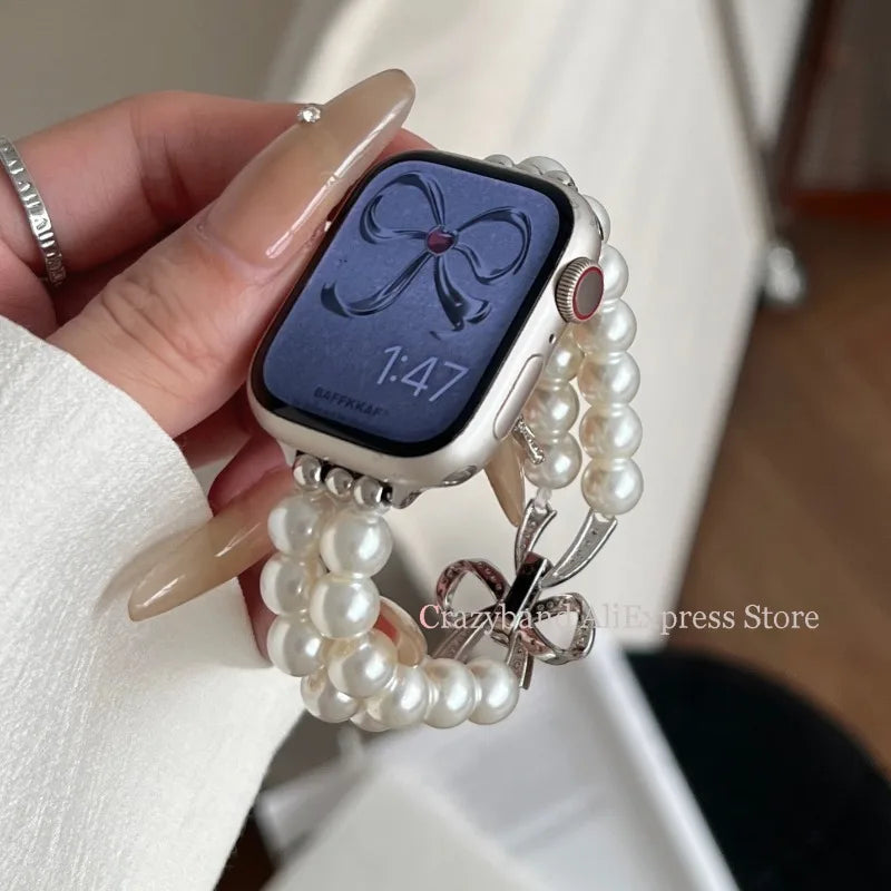 New Bow Stretch Beaded Strap Women's Watch Strap for Apple Watch 38/40/41/42/44/45/46/49mm for Iwatch 9 8 7 6 SE Bracelet