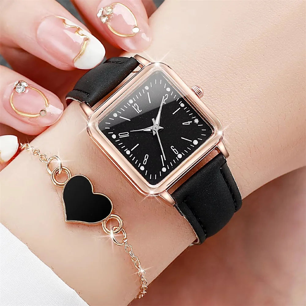 2PCS/Set Fashion Square Women's Watch Leather Band Quartz