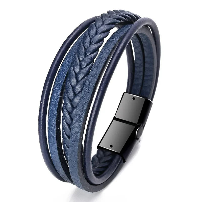 Trendy Leather Bracelets Men Stainless Steel Multilayer