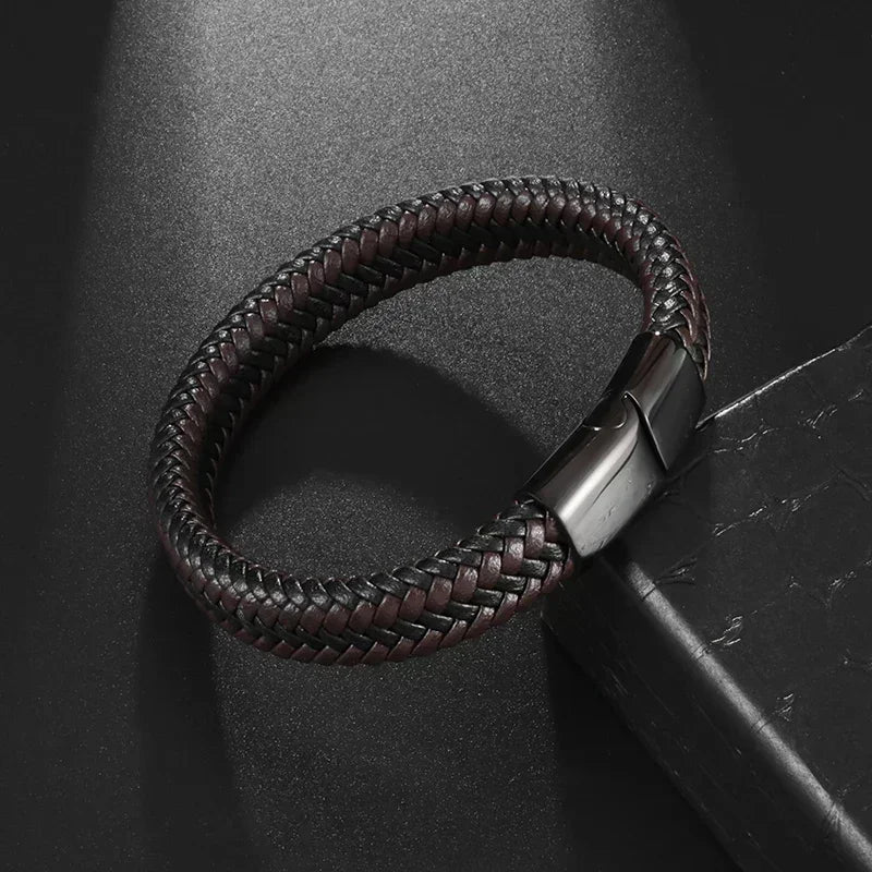 Classic Single Layer Black Hand Woven Leather Bracelet with Metal Magnetic Clasp Men
