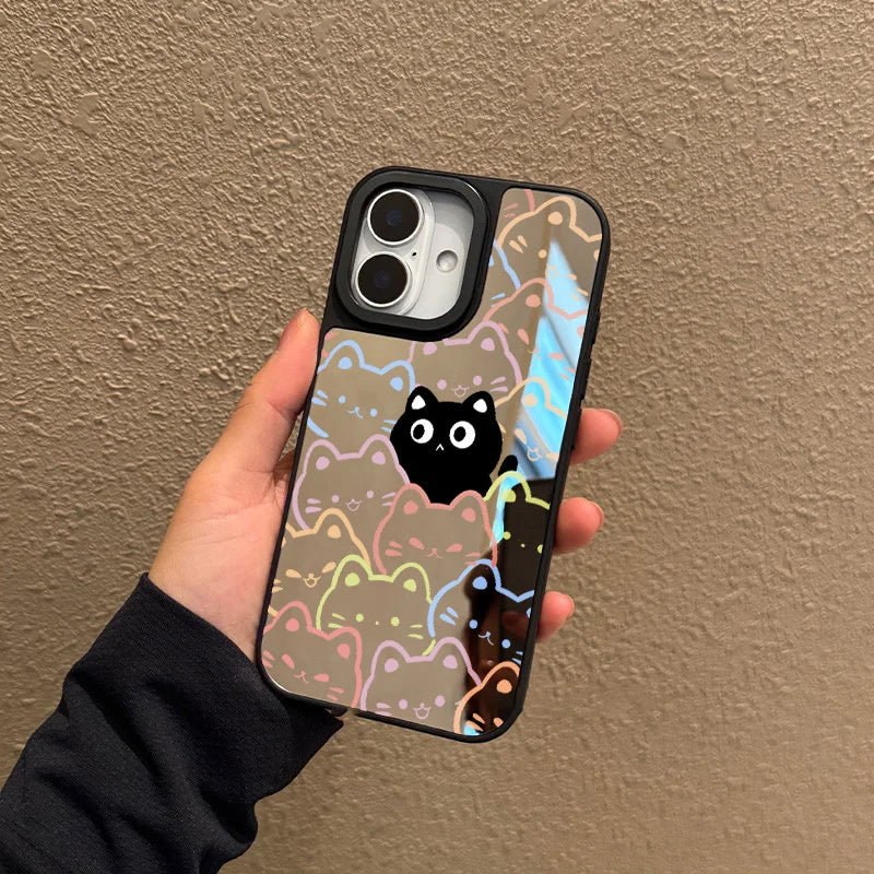 Case for iPhone 11 12 13 14 15 16 Pro Max Plus Series Colorful hollow cat pattern transparent mirror phone case